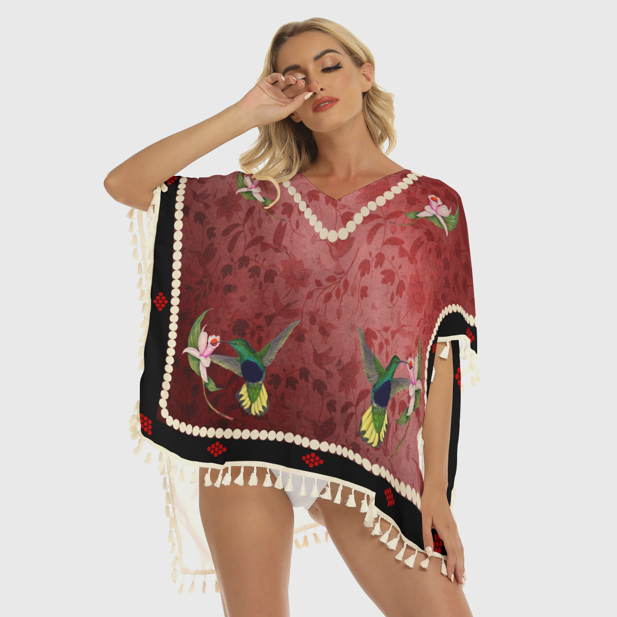 red*indigenous*native*american*hummingbird*fringe*shawl*women's