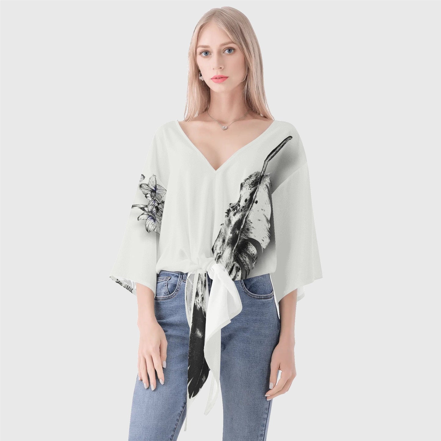 fog*grey*deep*grey*indigenous*native*american*eagle*feather*orchid*knot*blouse*women's
