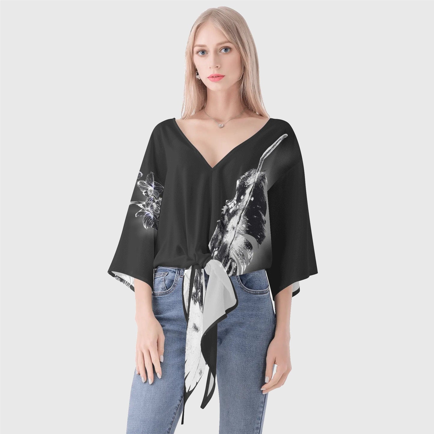 inverted*deep*grey*indigenous*native*american*eagle*feather*orchid*knot*blouse*women's