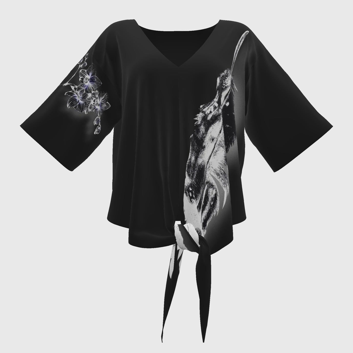 inverted*grey*deep*grey*indigenous*native*american*eagle*feather*orchid*knot*blouse*women's
